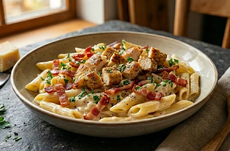 Kermainen kana-pekonipasta