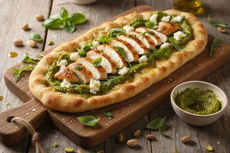 Kana-vuohenjuusto schiacciata pistaasipestolla
